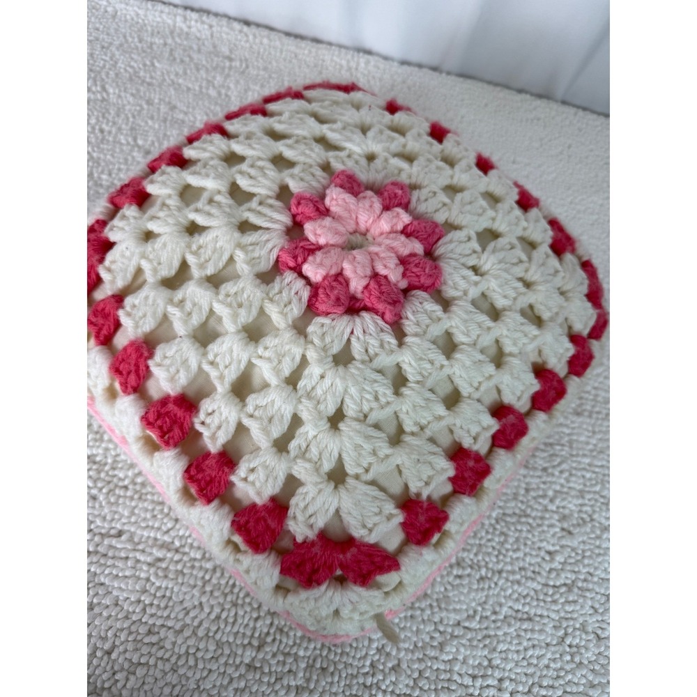 Vintage Crochet Granny Square Pillow Pink Floral Cottagecore Grannycore BOHO